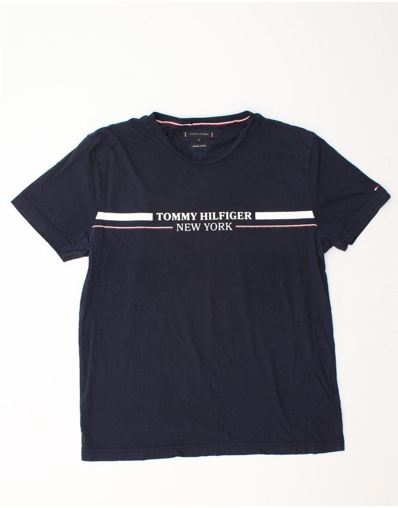 TOMMY HILFIGER Mens Graphic T-Shirt Top XL Navy Blue Cotton Vintage Tommy Hilfiger and Second-Hand Tommy Hilfiger from Messina Hembry 