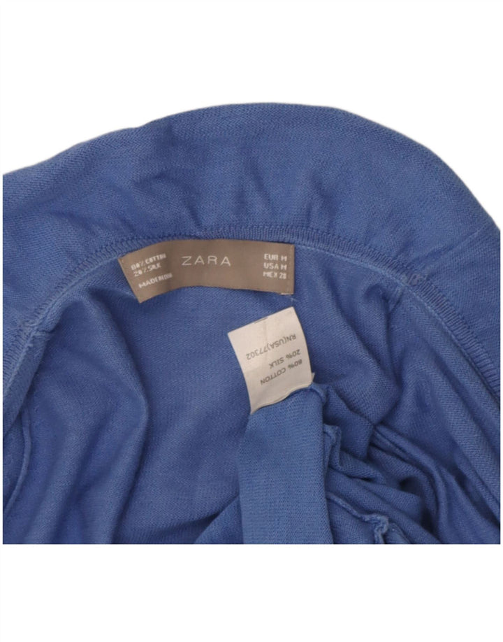 Zara Womens Short Sleeve Ruffle Front Cardigan Top UK 12 Medium Blue Cotton