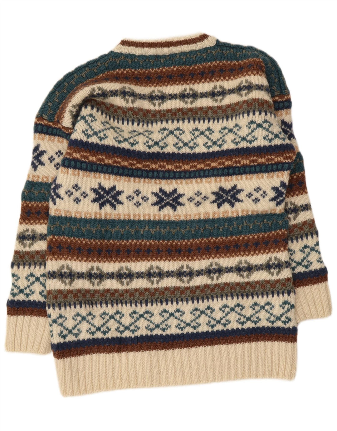 Vintage Mens Crew Neck Jumper Sweater Medium Beige Fair Isle Wool