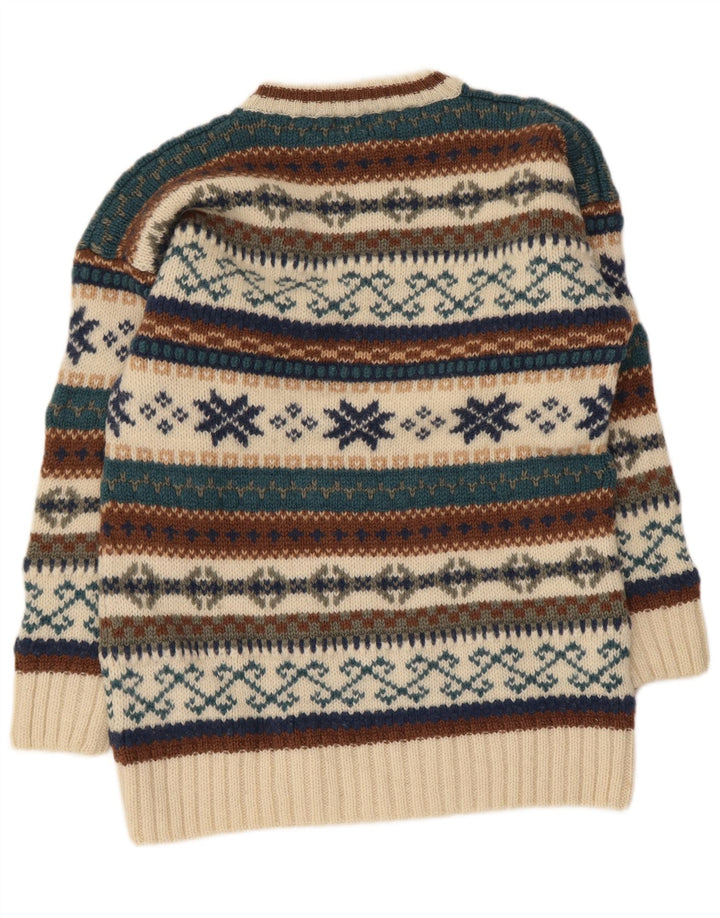Vintage Mens Crew Neck Jumper Sweater Medium Beige Fair Isle Wool