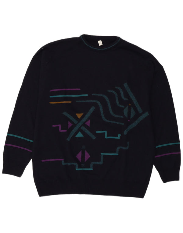 Vintage Mens Crew Neck Jumper Sweater XL Navy Blue Geometric Cotton