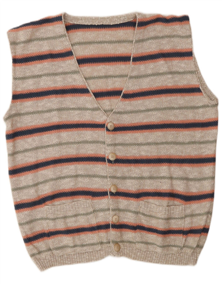 Vintage Mens Sleeveless Cardigan Sweater Large Beige Striped Cotton