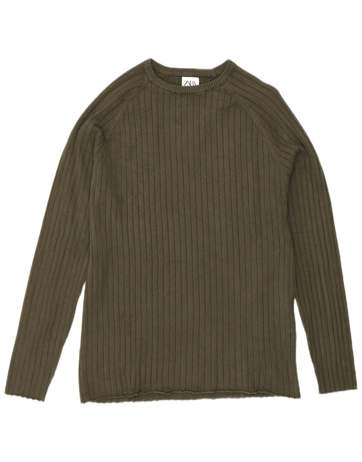 Zara Mens Crew Neck Jumper Sweater Medium Khaki