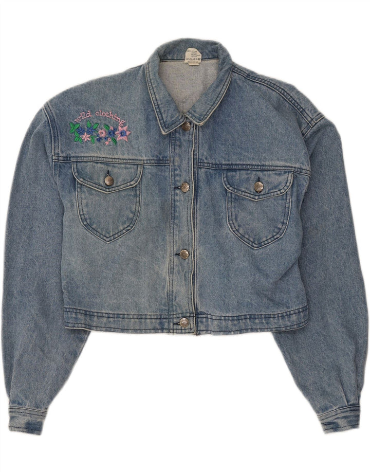 WILD Womens Crop Denim Jacket UK 14 Large Blue Floral Cotton