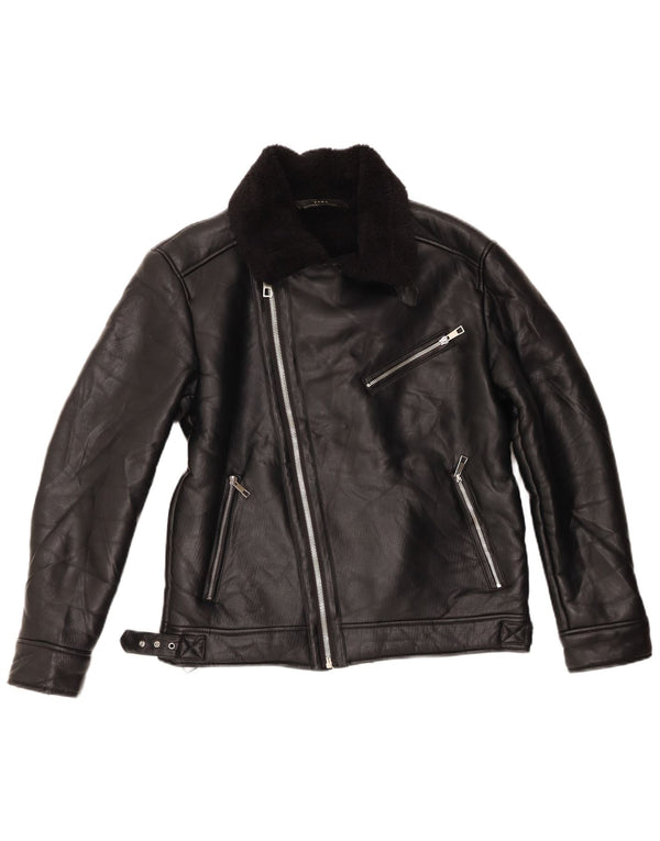 Zara Womens Sherpa Biker Jacket UK 14 Medium Black Polyester