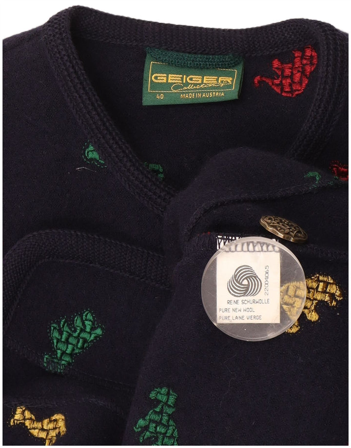 Geiger Womens 6 Button Blazer Jacket EU 40 Medium Navy Blue Animal Print