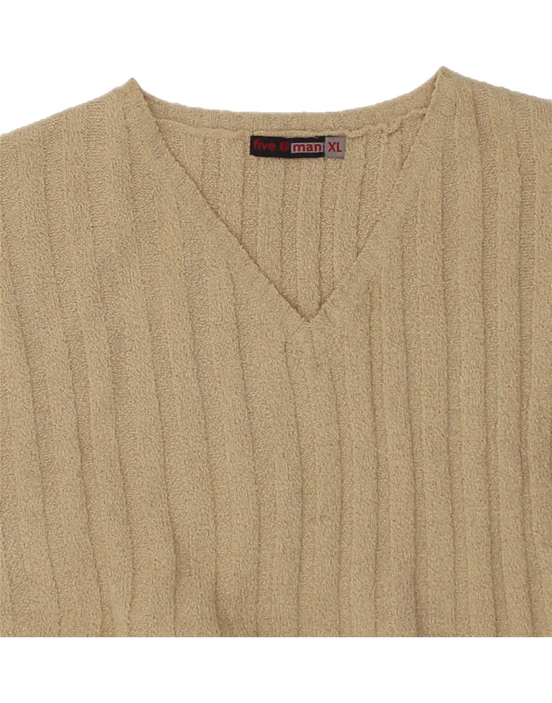 VINTAGE Mens V-Neck Jumper Sweater XL Beige Acrylic | Vintage Vintage | Thrift | Second-Hand Vintage | Used Clothing | Messina Hembry 