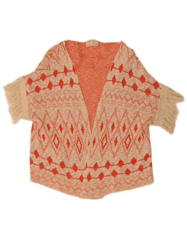 Zara Girls Short Sleeve Open Cardigan Sweater 9-10 Years Beige Geometric