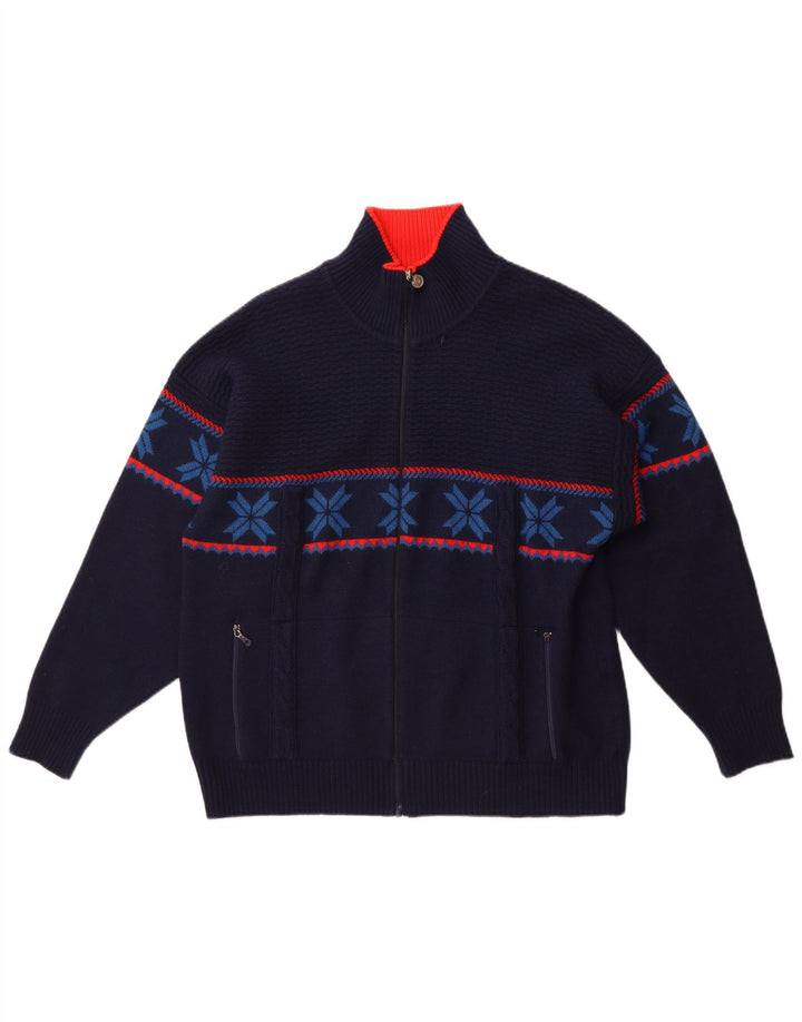 Vintage Mens Cardigan Sweater Large Navy Blue Fair Isle