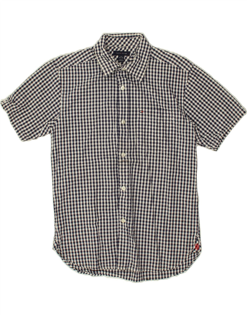 TOMMY HILFIGER Boys Short Sleeve Shirt 12-13 Years Large Navy Blue Gingham Vintage Tommy Hilfiger and Second-Hand Tommy Hilfiger from Messina Hembry 