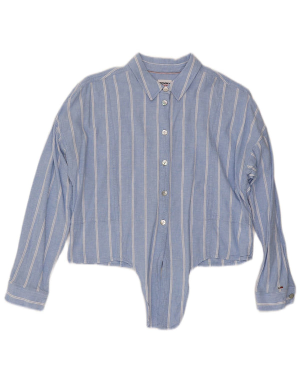 Tommy Hilfiger Womens Crop Front Tie Shirt UK 14 Medium Blue Striped Linen