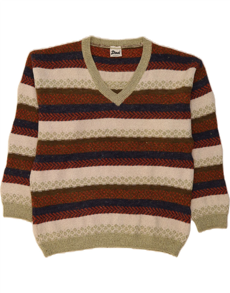 VINTAGE Mens V-Neck Jumper Sweater Large Multicoloured Striped Wool Vintage Vintage and Second-Hand Vintage from Messina Hembry 