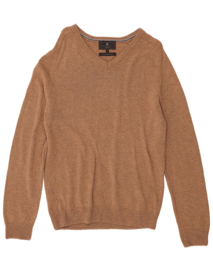 MARKS & SPENCER Mens Regular Fit V-Neck Jumper Sweater Small Brown
