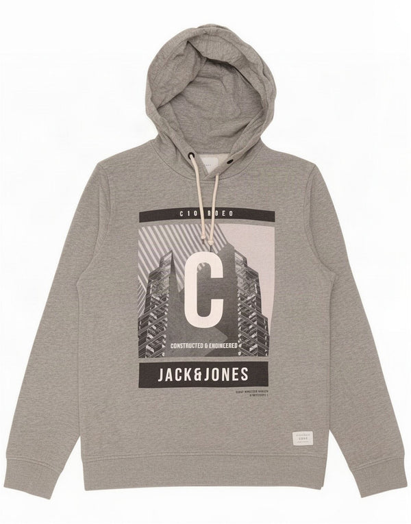 Jack & Jones Mens Graphic Hoodie Jumper Medium Grey Flecked Cotton