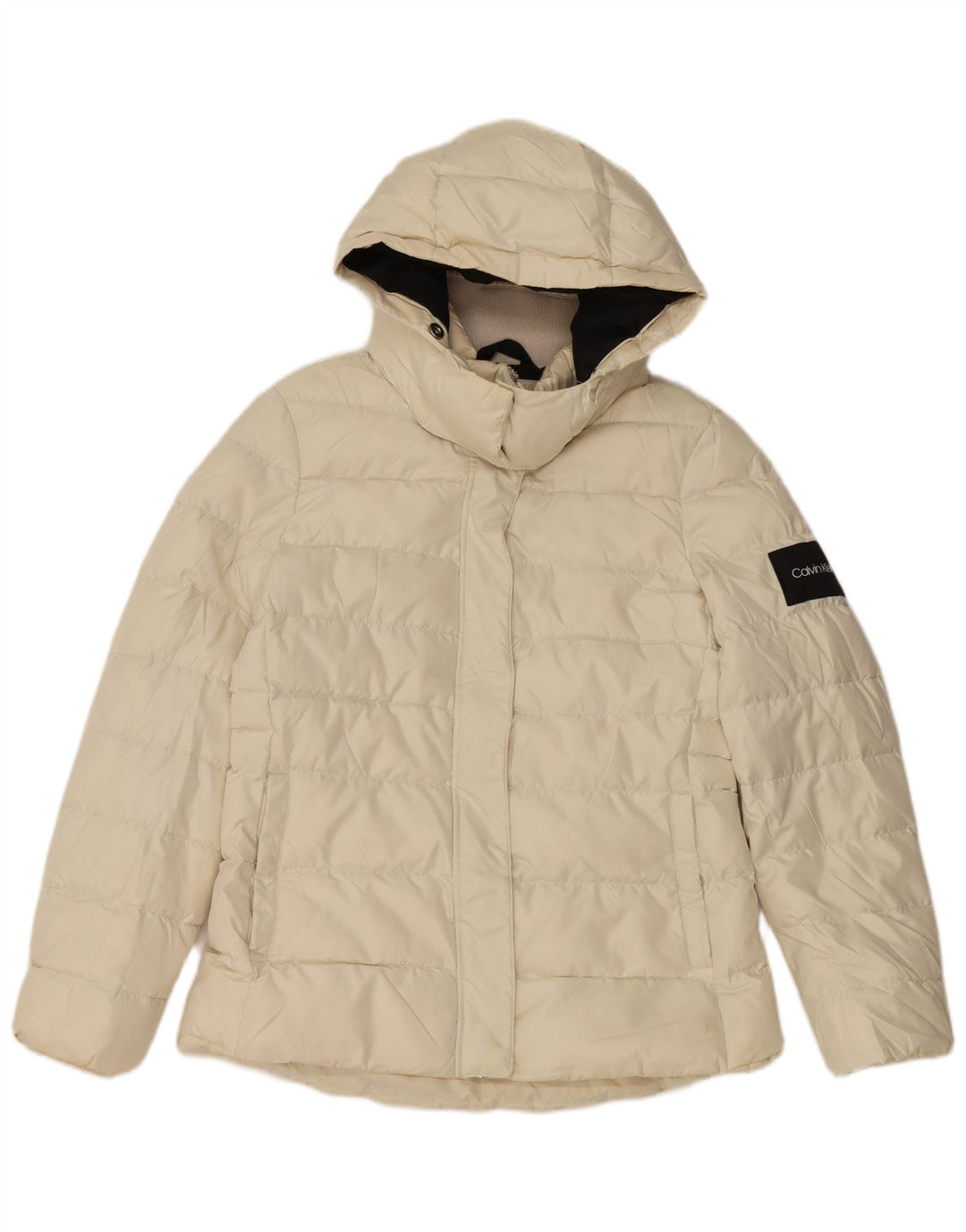 CALVIN KLEIN Womens Hooded Padded Jacket UK 14 Medium Off White Polyester