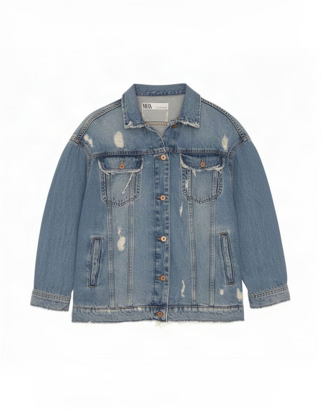 Zara Womens Distressed Oversized Denim Jacket UK 10 Small Blue Cotton