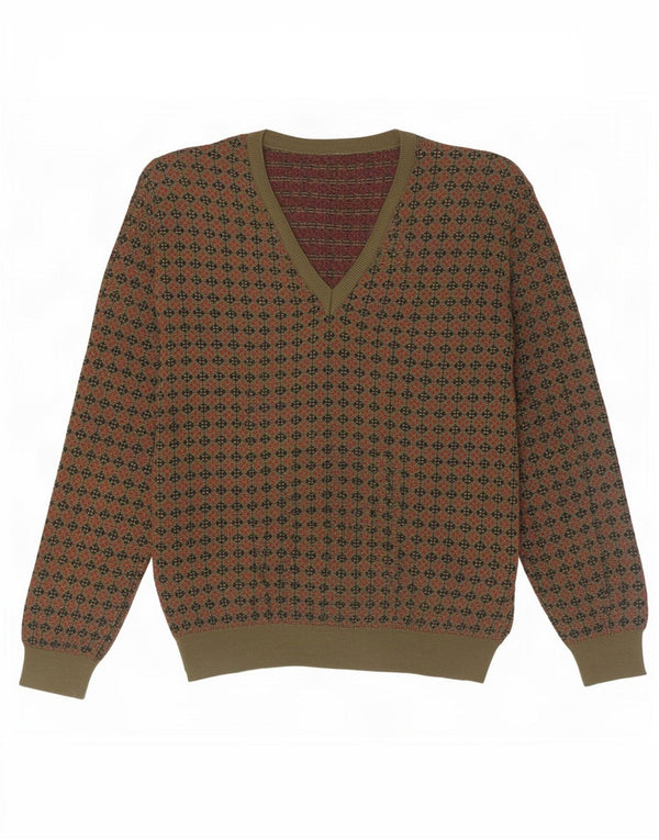 Vintage Mens V-Neck Jumper Sweater Large Khaki Geometric Wool
