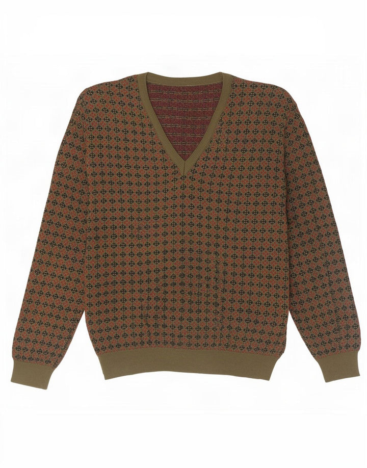 Vintage Mens V-Neck Jumper Sweater Large Khaki Geometric Wool