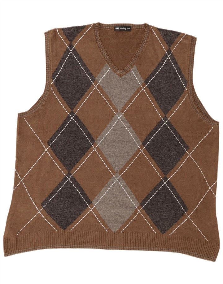 Marks & Spencer Mens Vest Tank Top XL Brown Argyle/Diamond Acrylic