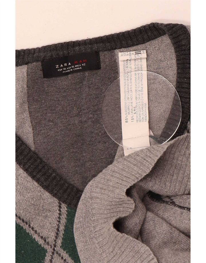 Zara Mens V-Neck Jumper Sweater XL Grey Argyle/Diamond