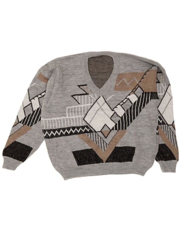 Vintage Mens V-Neck Jumper Sweater Large Grey Geometric Acrylic