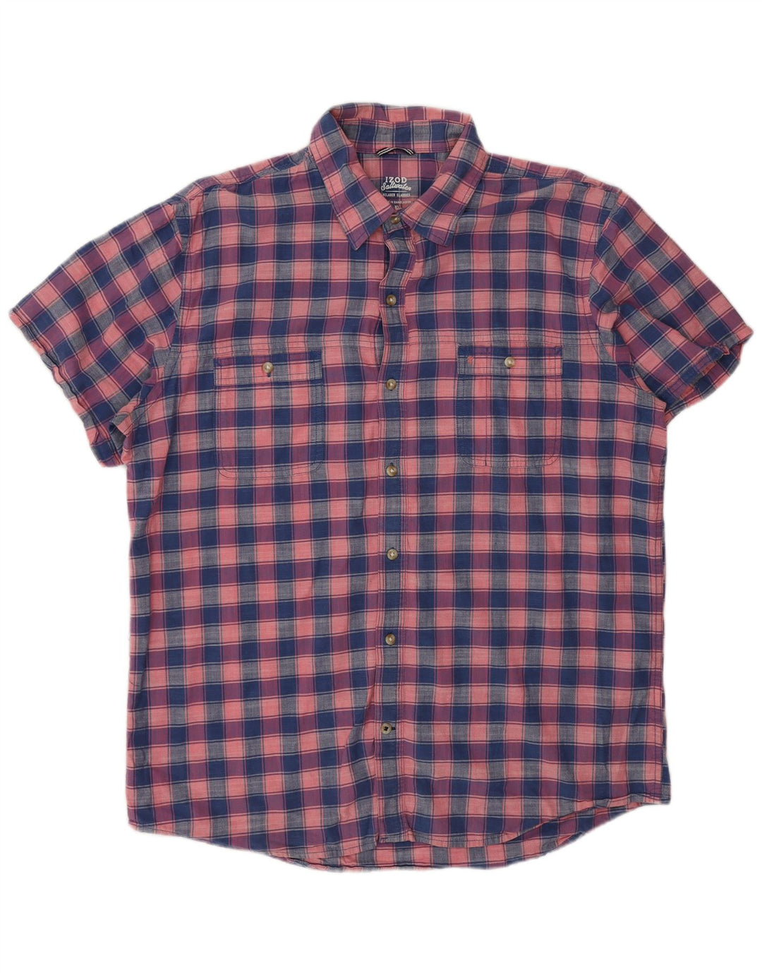 Izod Mens Salt Water Short Sleeve Shirt XL Navy Blue Check Cotton