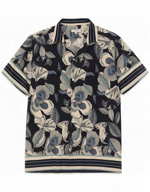 Reiss Mens Short Sleeve Hawaiian Shirt Medium Blue Floral Cotton