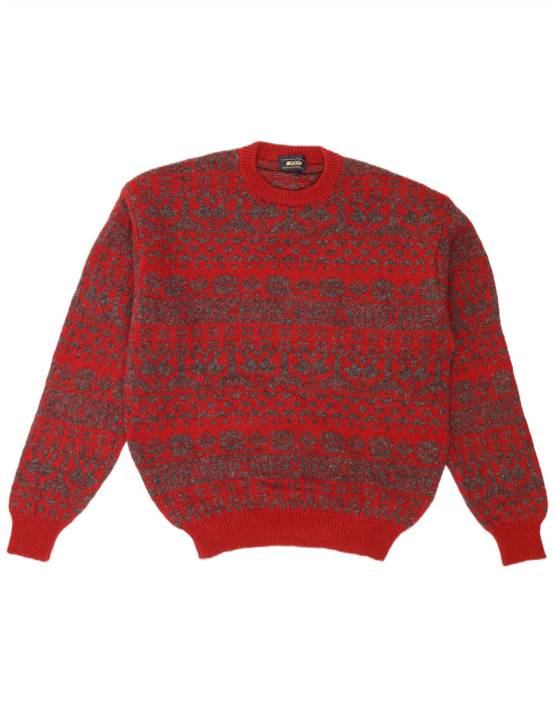 Vintage Mens Crew Neck Jumper Sweater Medium Red Fair Isle Retro