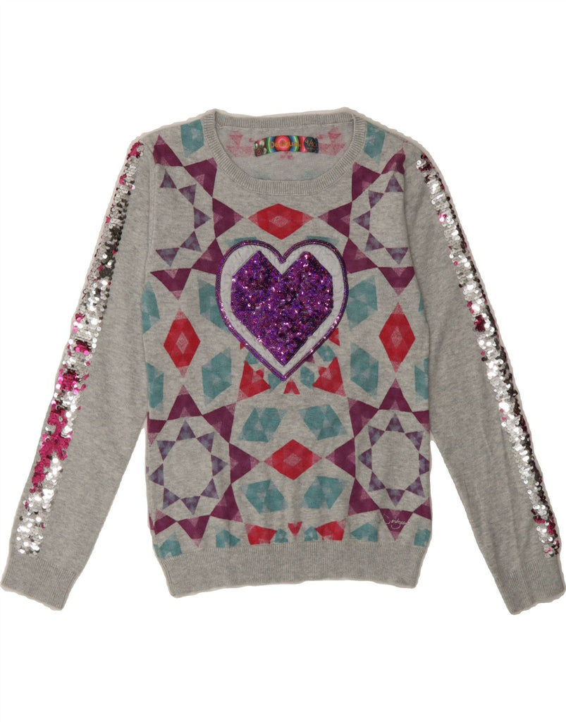 DESIGUAL Girls Boat Neck Jumper Sweater 9-10 Years Grey Geometric Heart Vintage Desigual and Second-Hand Desigual from Messina Hembry 