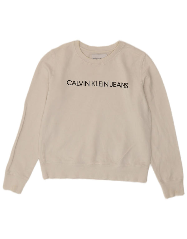 Calvin Klein Jeans Womens Graphic Crop Sweatshirt Jumper UK 10 Small White