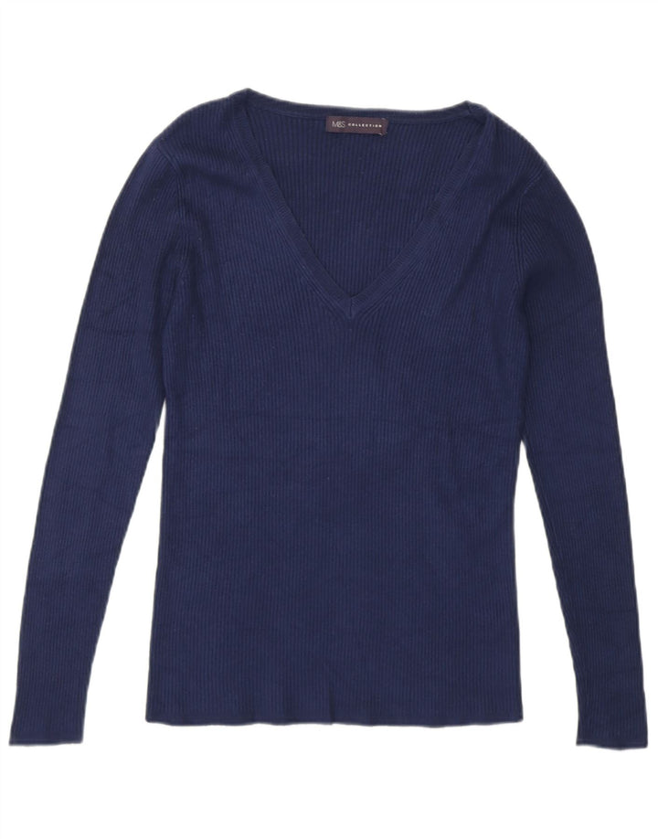 MARKS & SPENCER Womens V-Neck Jumper Sweater UK 10 Small Navy Blue Viscose