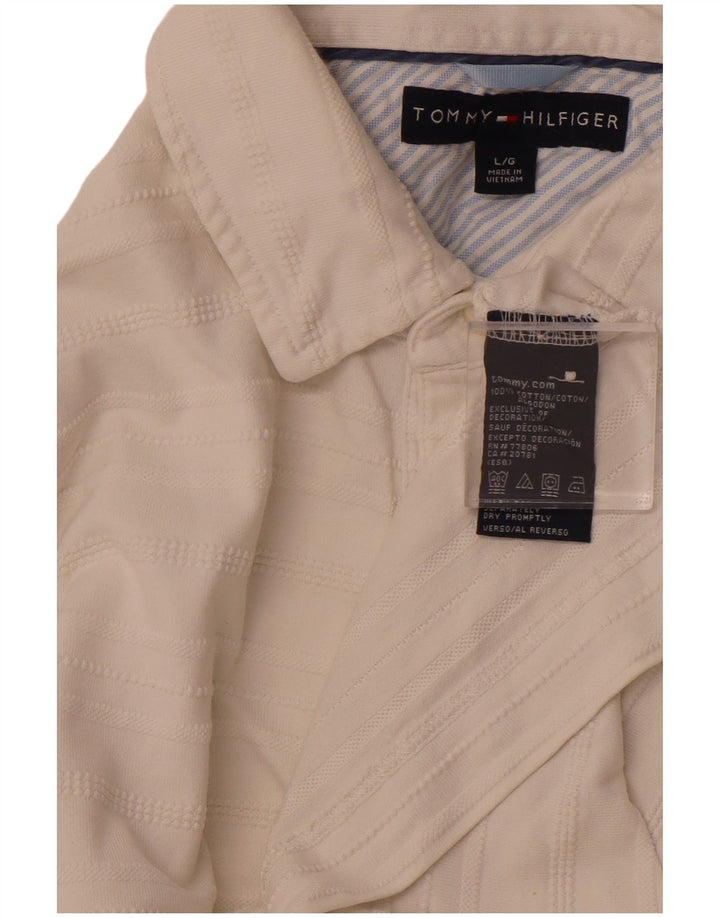 TOMMY HILFIGER Mens Polo Shirt Large White Striped Cotton