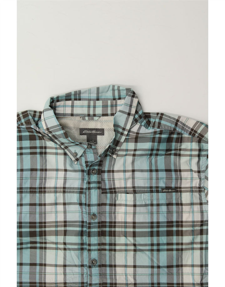 EDDIE BAUER Mens Short Sleeve Shirt Large Blue Check Polyester Vintage Eddie Bauer and Second-Hand Eddie Bauer from Messina Hembry 