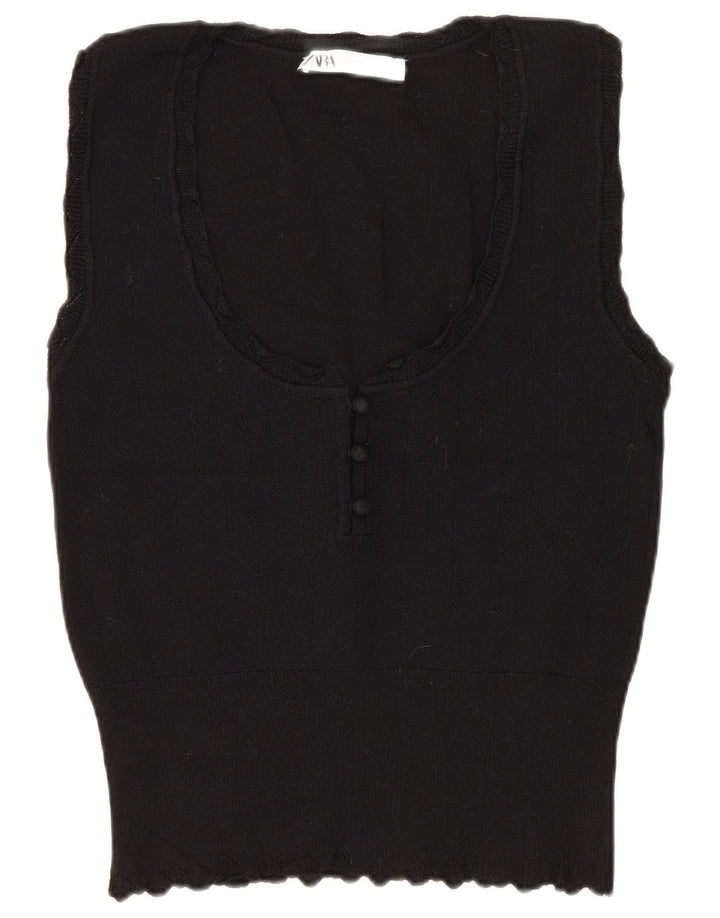 Zara Womens Crop Vest Tank Top UK 14 Large Black Viscose