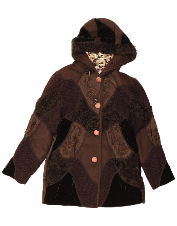 Escalier Womens Hooded Overcoat UK 14 Medium Brown Patchwork