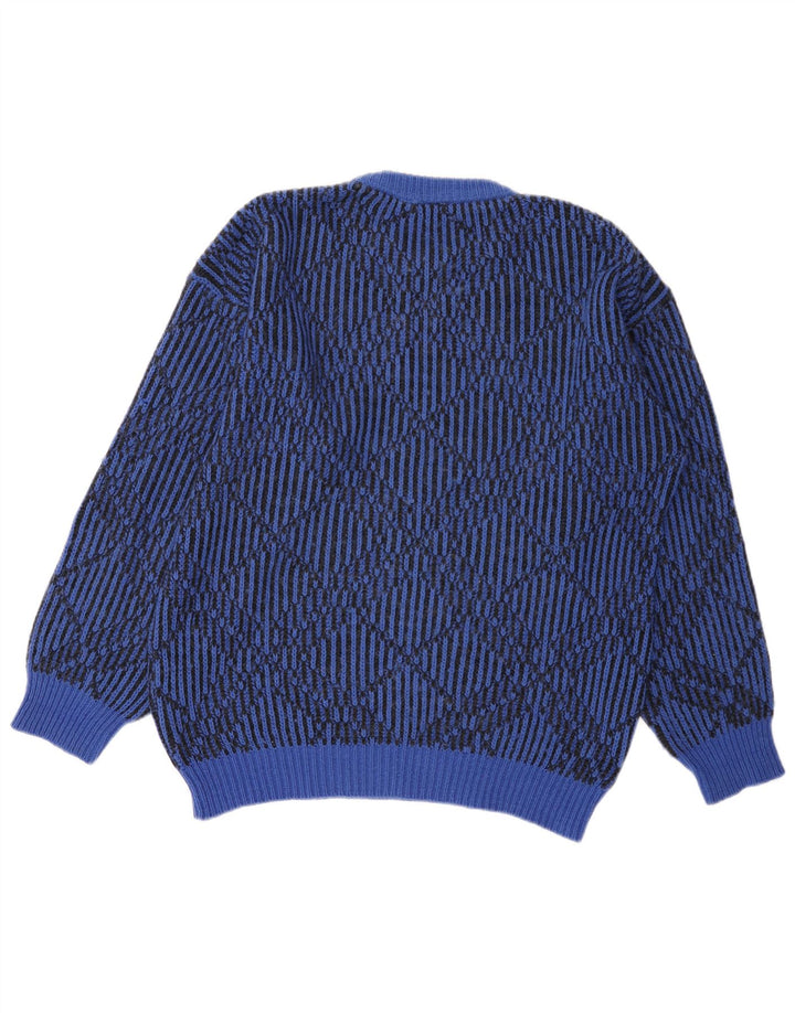 Vintage Mens Crew Neck Jumper Sweater Large Blue Geometric
