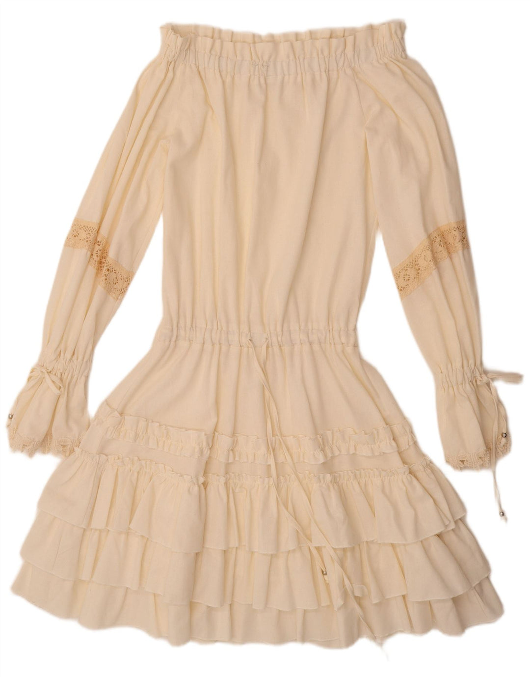 VINTAGE Womens Long Sleeve Off Shoulder Dress UK 12 Medium Off White Linen