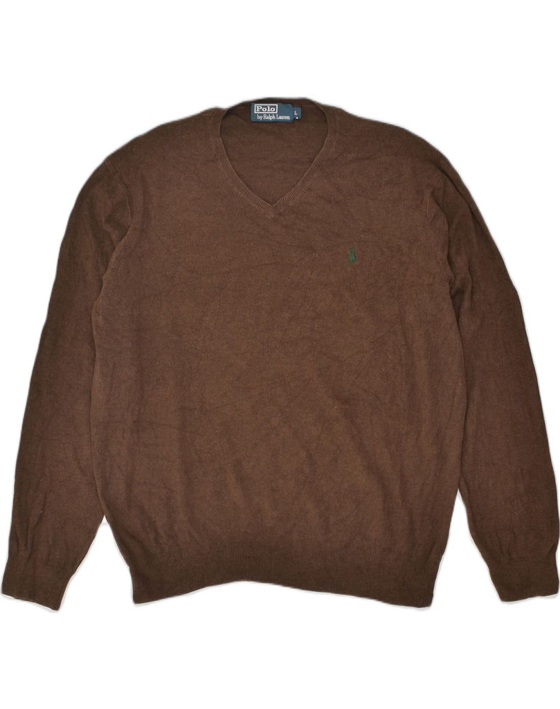 POLO RALPH LAUREN Mens V-Neck Jumper Sweater Large Brown Cotton | Vintage Polo Ralph Lauren | Thrift | Second-Hand Polo Ralph Lauren | Used Clothing | Messina Hembry 