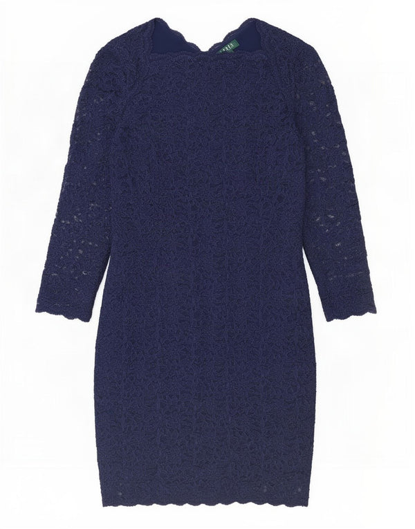 Ralph Lauren Womens Long Sleeve Lace Sheath Dress US 14 XL Navy Blue Floral