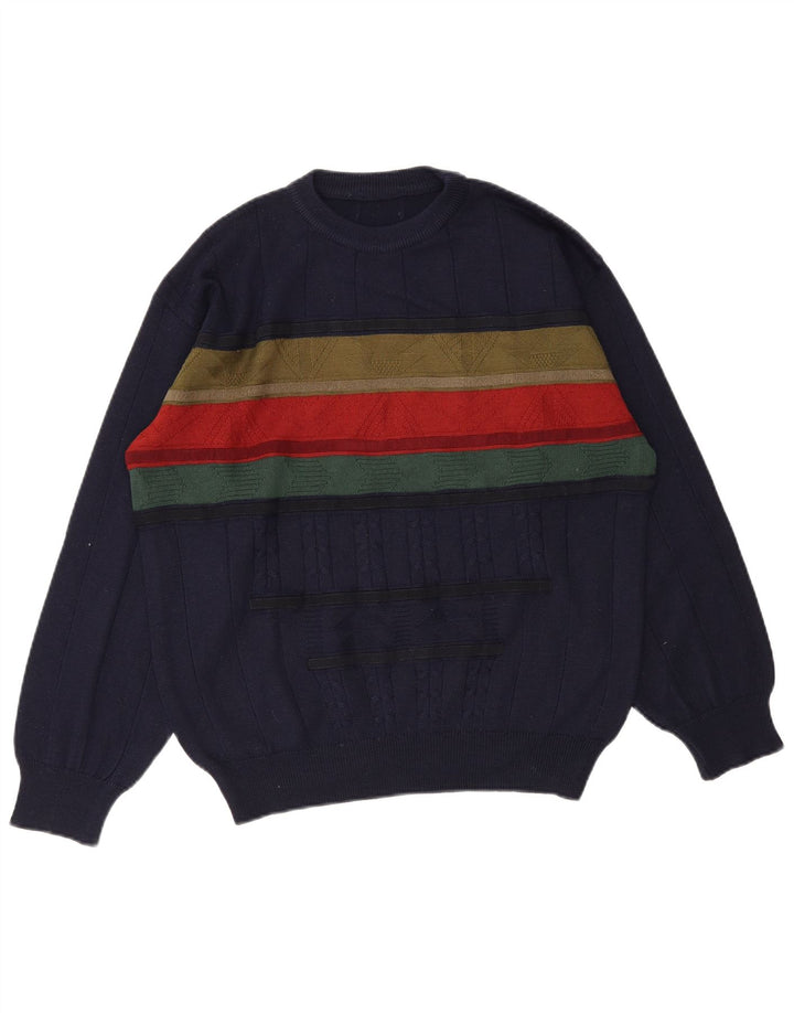 Vintage Mens Crew Neck Jumper Sweater Medium Navy Blue Colourblock