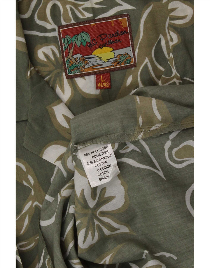 Mc Panthon Mens Short Sleeve Shirt Size 41/42 Large Green Floral Polyester