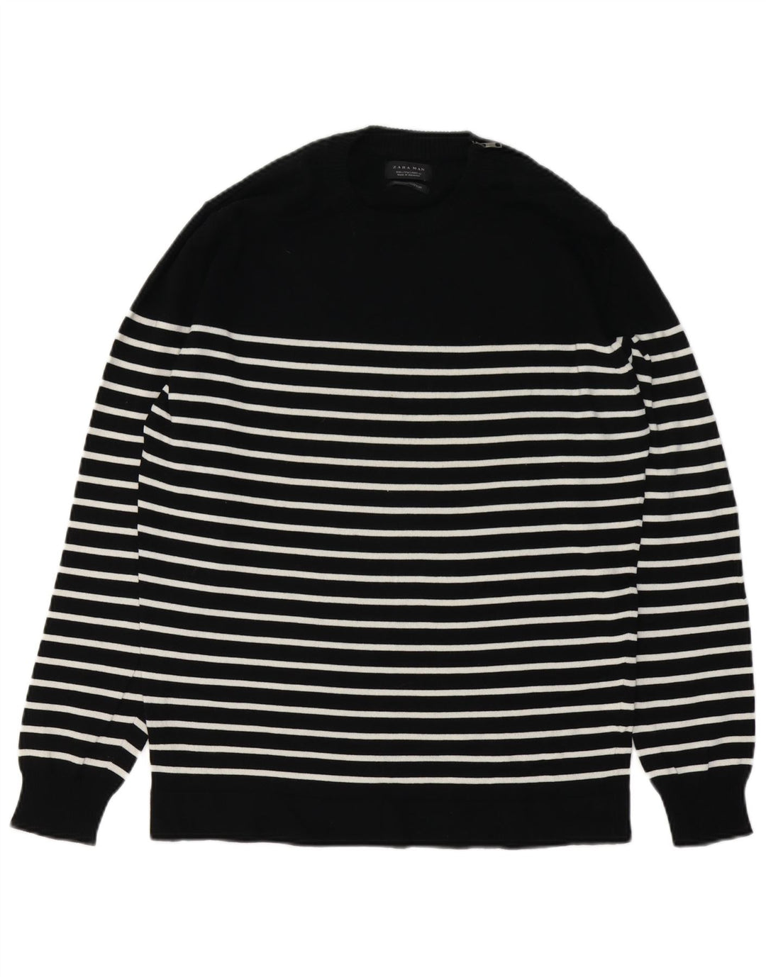 Zara Mens Crew Neck Jumper Sweater Large Black Striped Cotton
