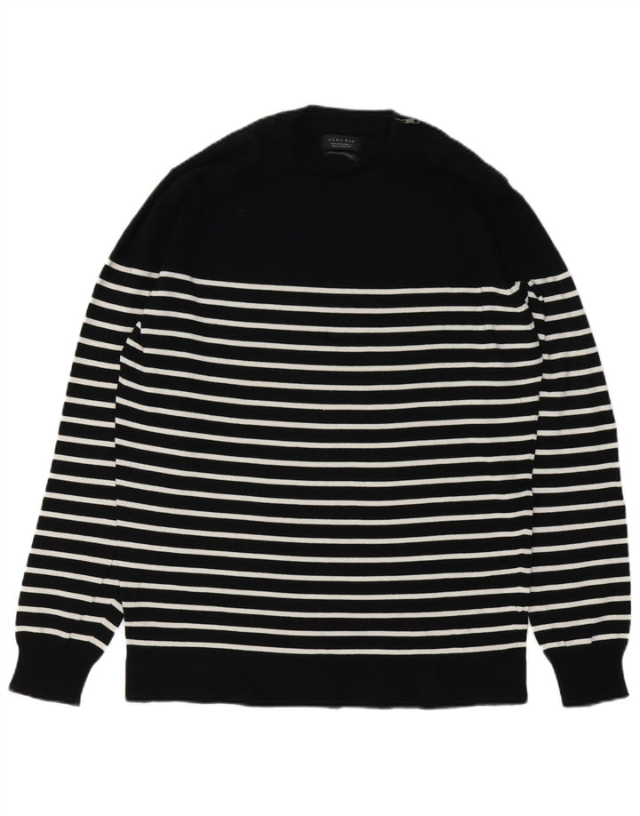 Zara Mens Crew Neck Jumper Sweater Large Black Striped Cotton