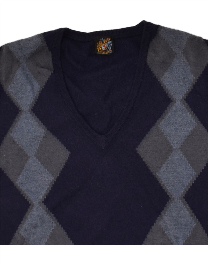 VINTAGE Mens V-Neck Jumper Sweater Medium Navy Blue Argyle/Diamond | Vintage Vintage | Thrift | Second-Hand Vintage | Used Clothing | Messina Hembry 