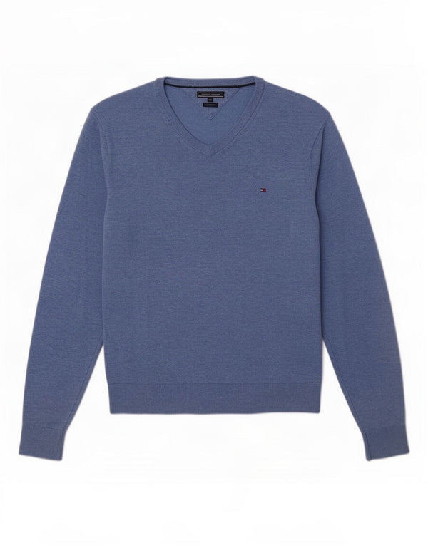 Tommy Hilfiger Mens V-Neck Jumper Sweater 2XL Blue Flecked Lambswool