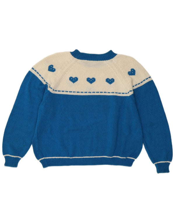 Vintage Womens Crew Neck Jumper Sweater UK 14 Large Blue Colourblock Heart