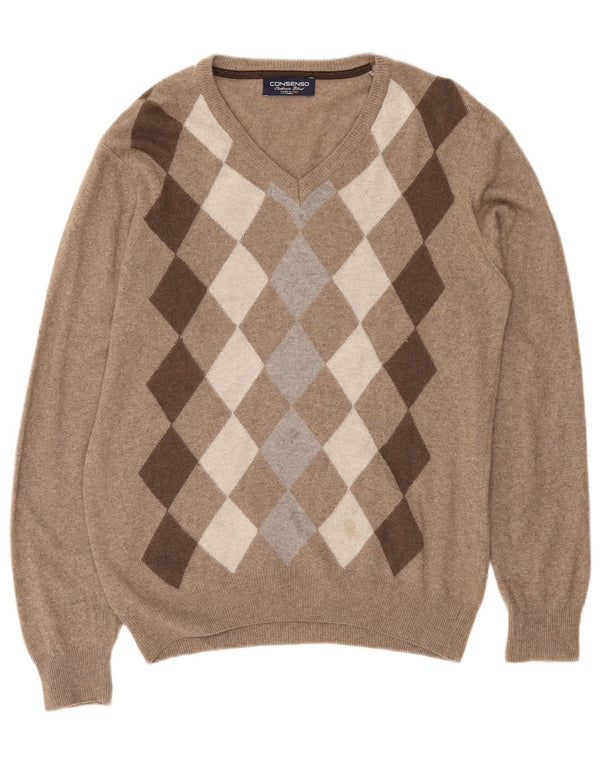 CONSENSO Mens V-Neck Jumper Sweater Medium Brown Argyle/Diamond Wool
