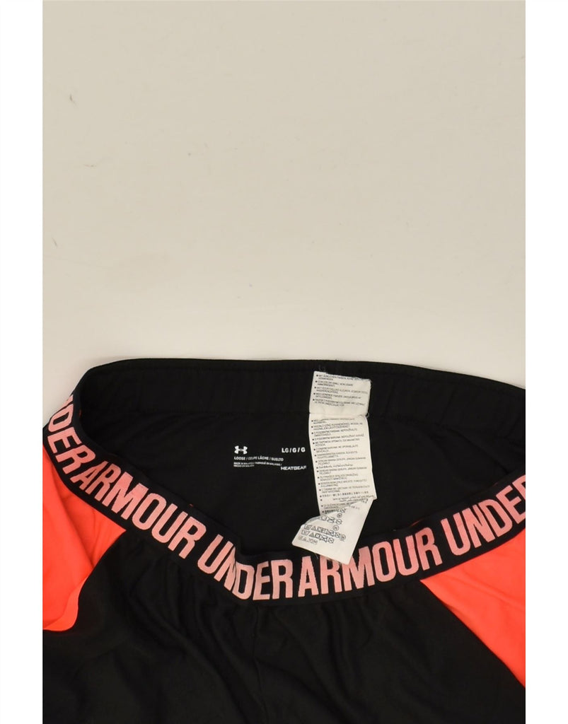 UNDER ARMOUR Womens Heat Gear Graphic Sport Shorts UK 14 Large Black | Vintage Under Armour | Thrift | Second-Hand Under Armour | Used Clothing | Messina Hembry 