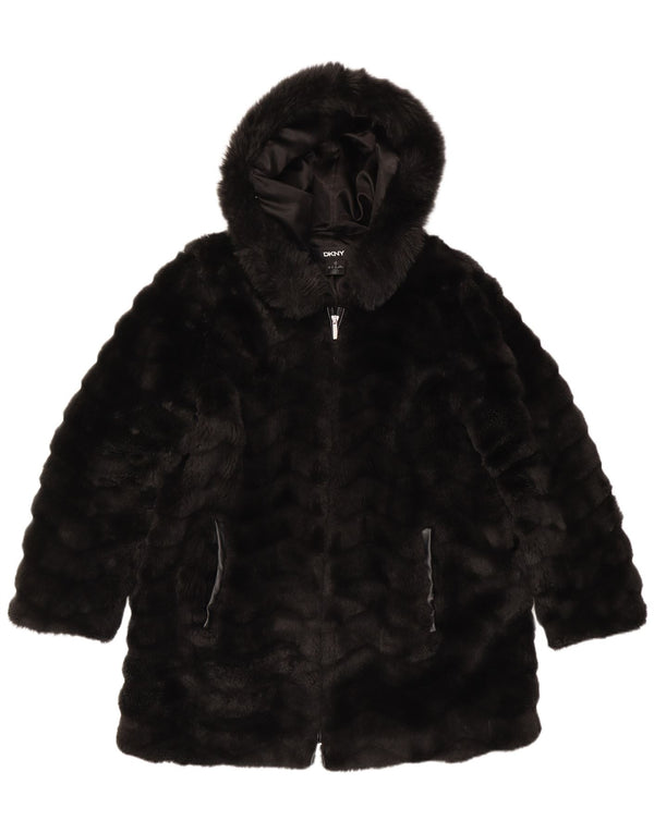 Dkny Womens Hooded Faux Fur Overcoat UK 18 XL Black Acetate