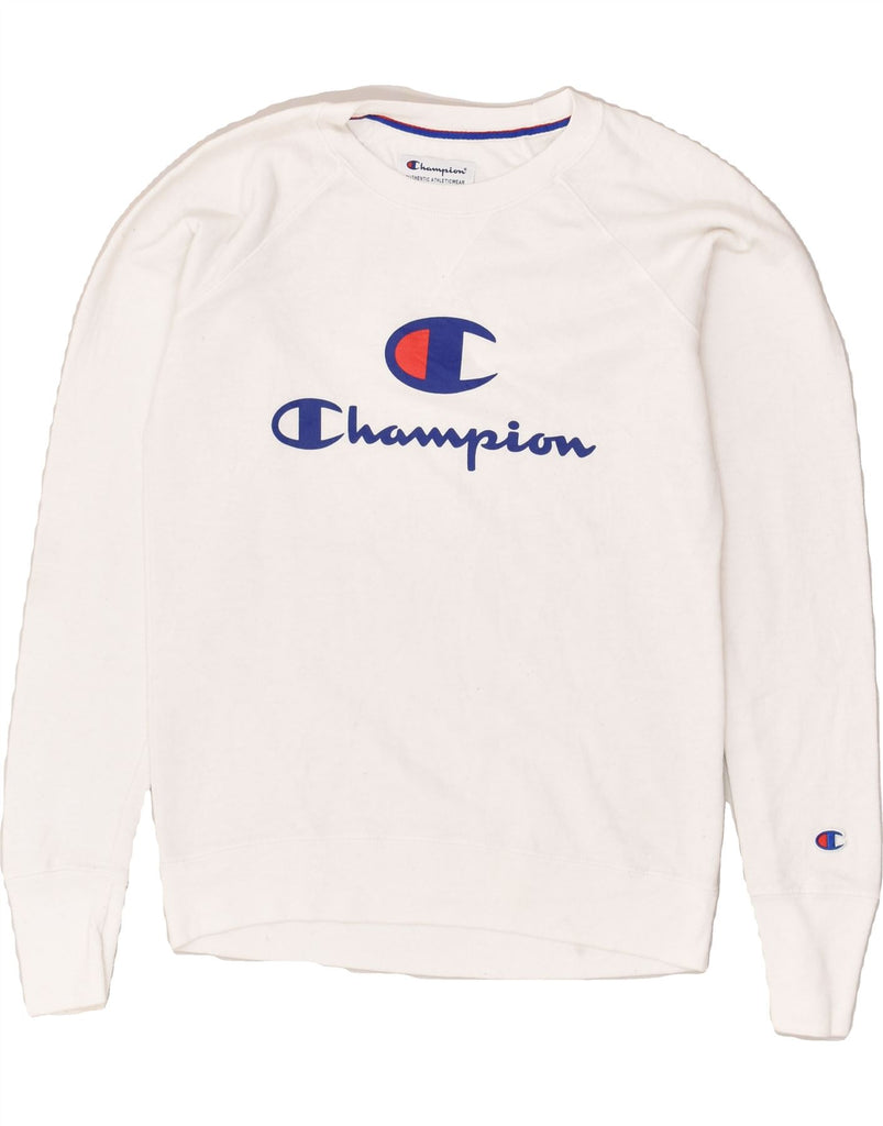 CHAMPION Mens Graphic Sweatshirt Jumper XS White Cotton | Vintage Champion | Thrift | Second-Hand Champion | Used Clothing | Messina Hembry 